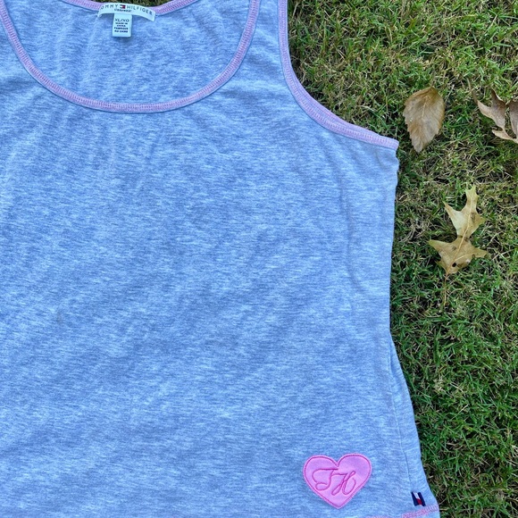 Y2K VTG Tommy Hilfiger Tank Top Grey Pink Heart TH Logo XL Vintage - Picture 7 of 9